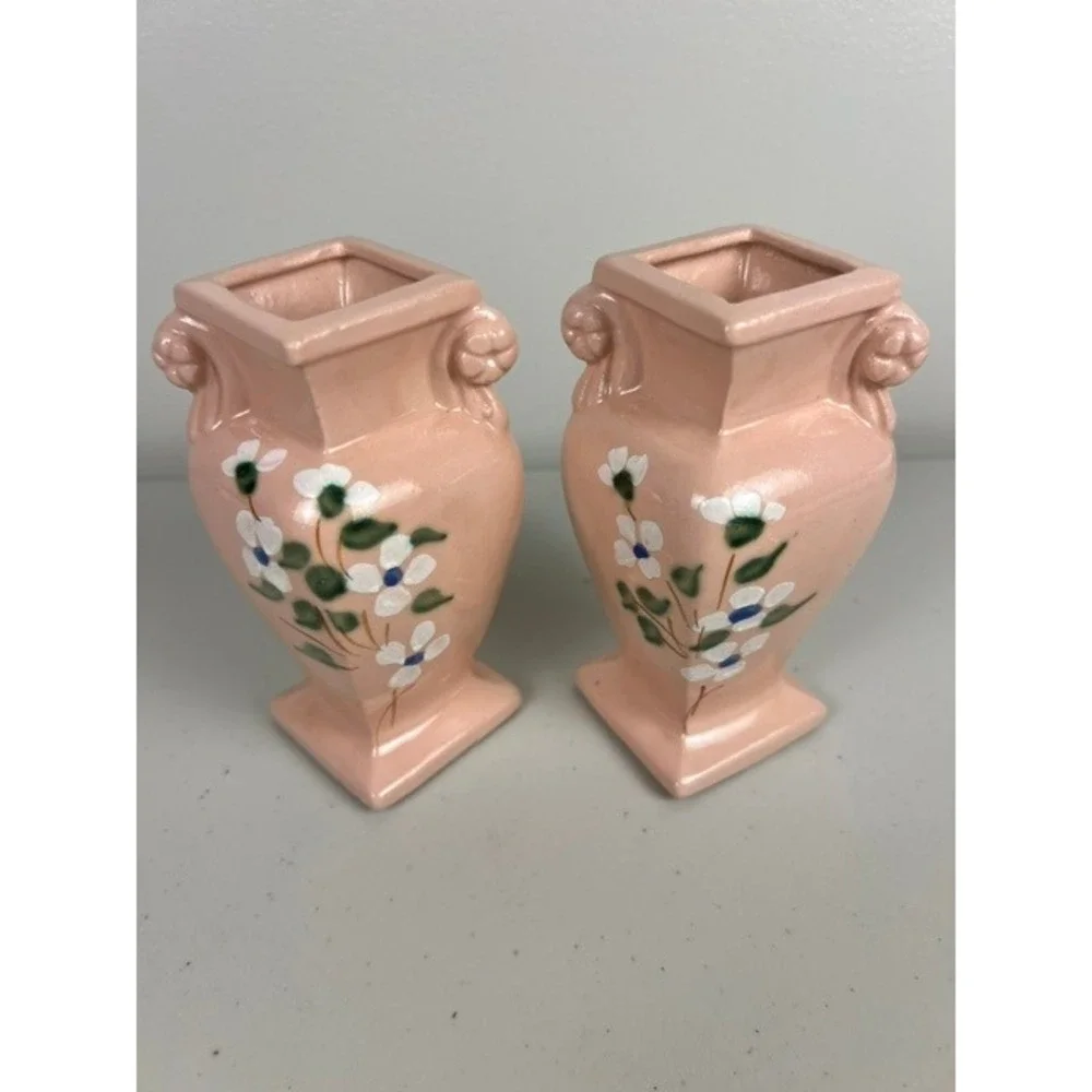 Vintage RRP Co Roseville Ohio Pink Dogwood Floral Miniature Urn Vases Set of 2